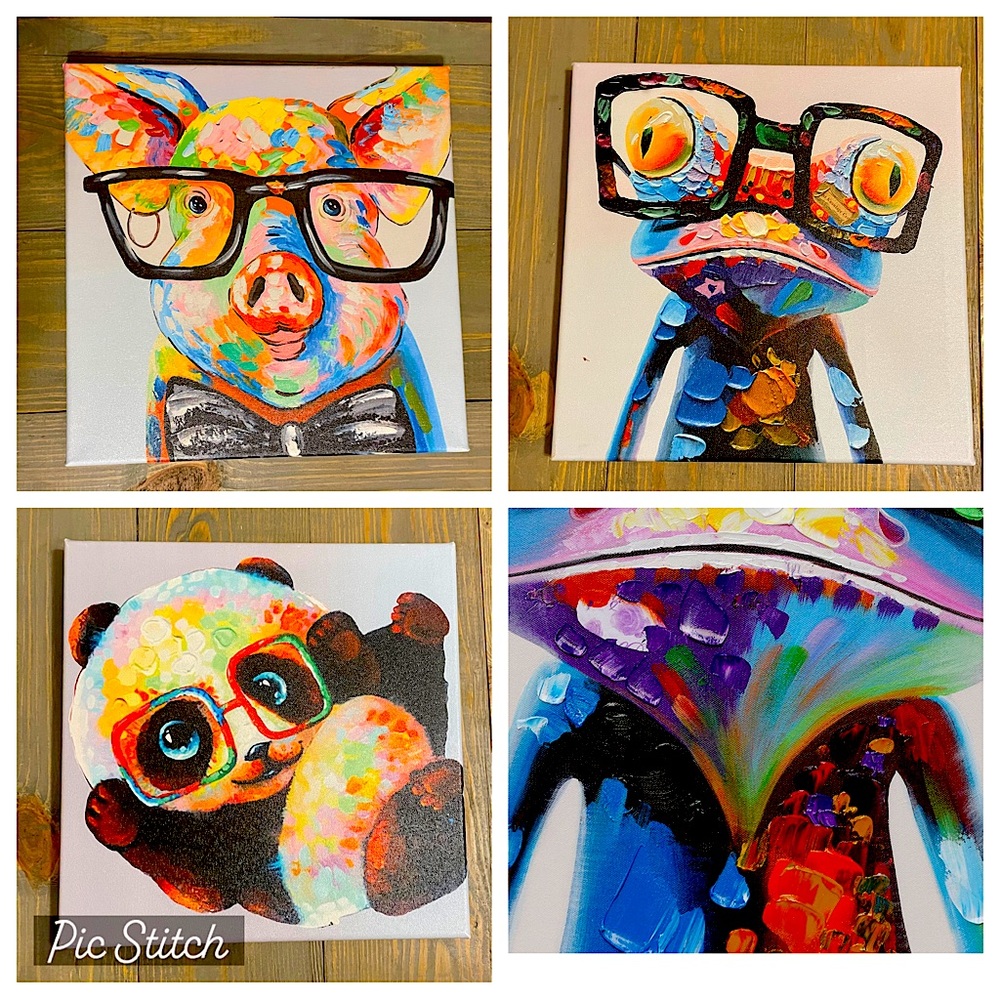 Modern Animal Canvas Print Wall Art Pig Panda & Frog with Glasses Ready to Hang